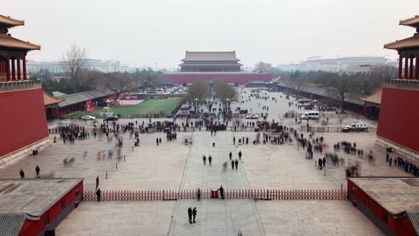 Beijing Palace Complex of Forbidden City China Timelapse Pan Up alt
