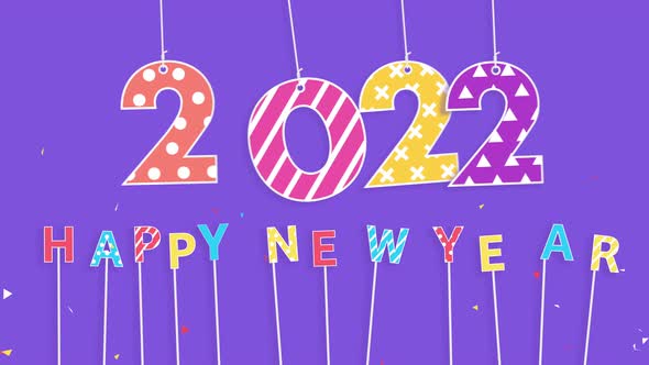 Numbers 2022 bouncing on the ropes with happy new year text and colorful confetti