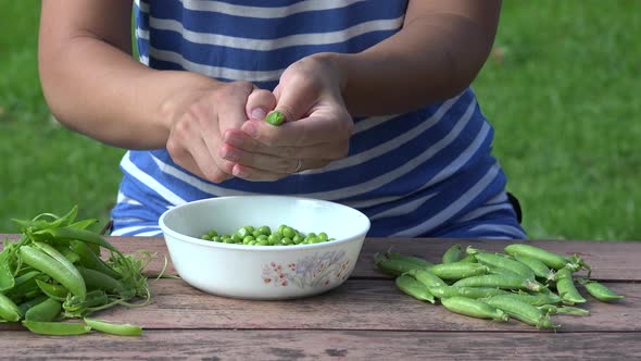 Girl Finger Hulled Fresh Peas in Plate Wooden Table Outdoor