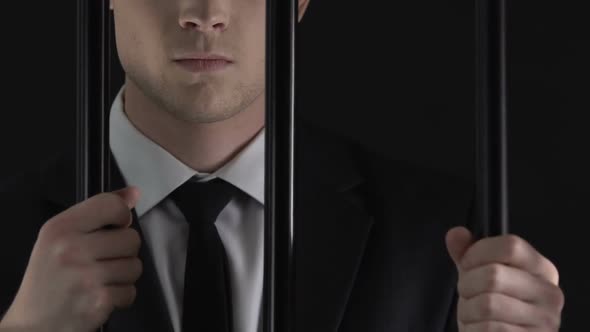 Young Corrupt Businessman in Prison Cell Closeup, Feeling Guilty and Regret alt