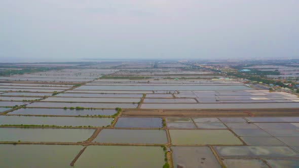 Aerial top view of natural sea salt ponds. Farm field outdoor. Material in traditional industry alt