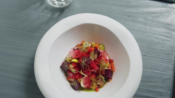 Haute Cuisine High Kitchen Restaurant Dish Dinner in Cafe Healthy Tartar Salad with Vegetables alt