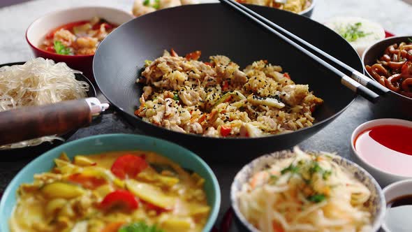 Asian Oriental Food Composition in Colorful Dishware alt