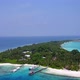 Aerial drone panorama of resort beach by blue ocean and sand background