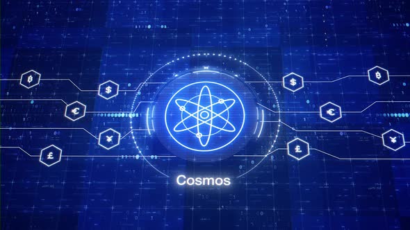 Cosmos animated logo. Cosmos digital cryptocurrency logo. ATOM intro. Animation of ATOM crypto. alt