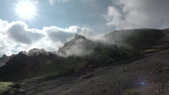 Environment. Iceland. Geyser in famous tourist attraction. Steam from fumarole in geothermal area. alt