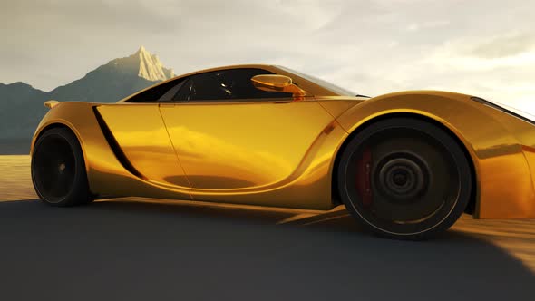 Concept car racing through desert. Fast spinning wheels automobile. Sunset