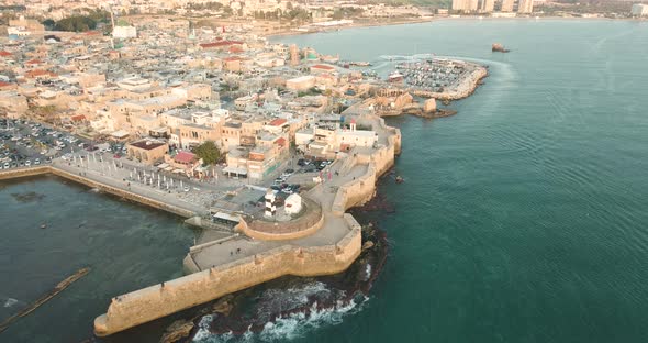 Aerial view of natural water pool along the coast in Acre Old town, Israel. alt