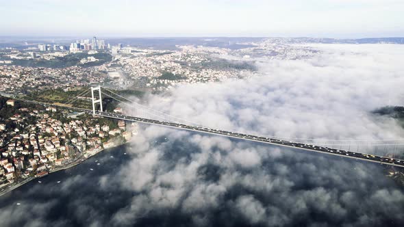 amazing view of istanbul two continent in foggy day from drone shot alt