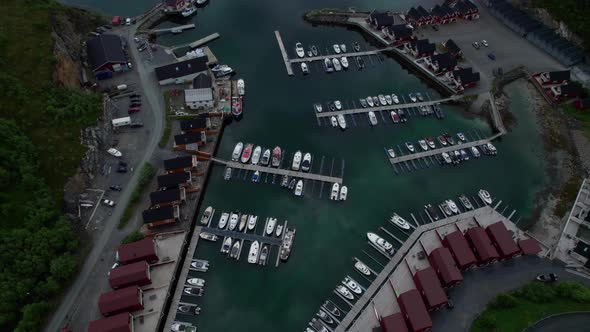 Aerial overhead revealing shot of the scenic coast of Helgeland in Northern Norway alt