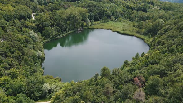 Top View of Scenic Lake in Woodland Surrounded By Dense Green Forest