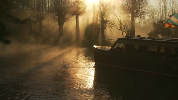 Vintage Passenger Motorboat on a Canal in the Woods at Dawn in Tigre, Argentina. 4K Version.