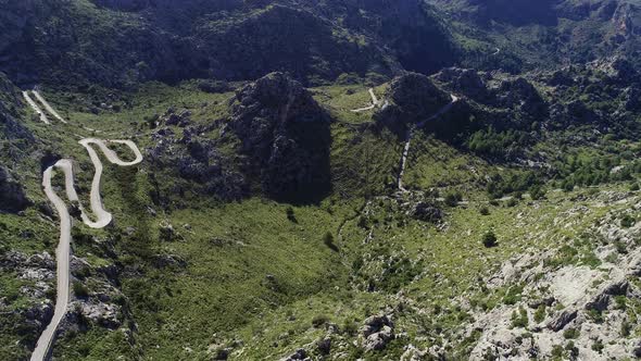 Aerial View Winding Serpentine Road at Mallorca Isle