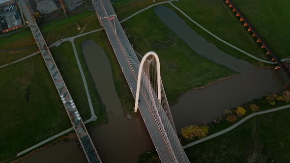Aerial View of the Margaret Hunt Hill Bridge in Dallas Texas alt