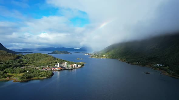 Ariel view in Sigerfjord cloudy summer day with a rainbow, old factory part 1 alt