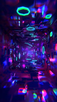3D Object or Structure Rotates and Moves Inside a Glass Mirror Tunnel with Neon Light Bright