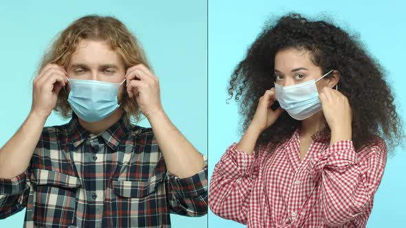Multiscreen of Young Blond Man and Curlyhaired Woman Takeoff Medical Masks During Covid19 Pandemic