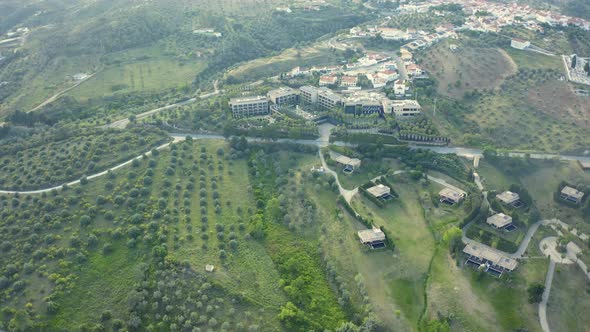 aerial orbit view of moving at NAU Lago Montargil, in alentejo, Portugal. Amazing place to be relax. alt