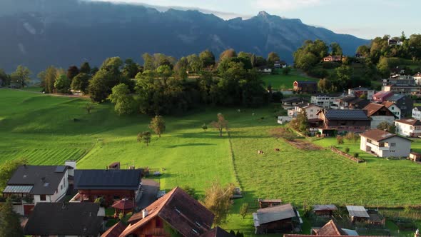 Aerial View of Liechtenstein with Houses on Green Fields in Alps Mountain Valley alt