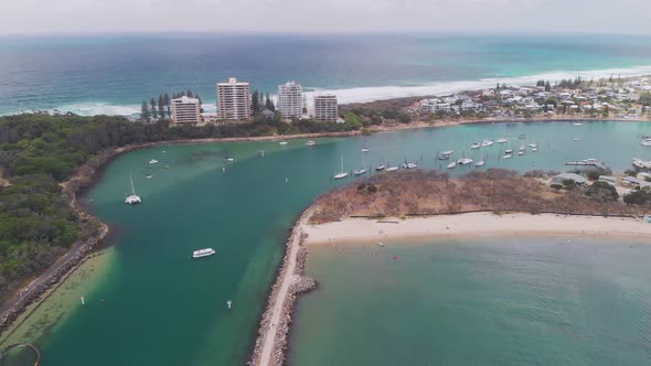 Drone view of famous Mooloolaba beach and marina