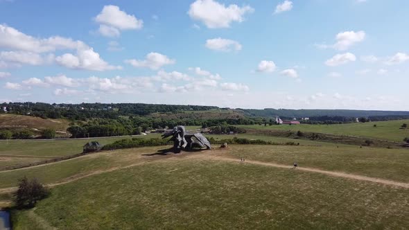 Lipetsk Region, Eletz, Russia 2020: Aerial View of Huge Sculpture of Three-headed Dragon