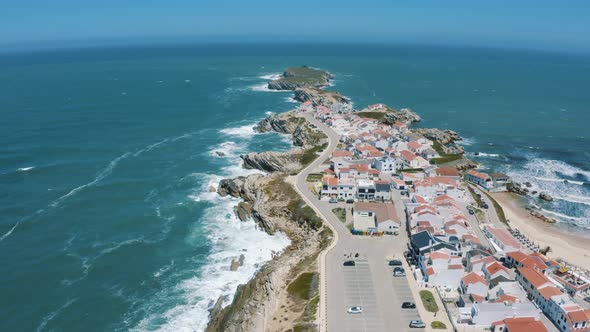 Drone shot of Island Baleal, Portugal, Europe in the Ocean 4K
