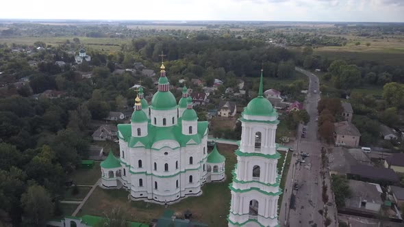 Aerail view to Cathedral Nativity Blessed Virgin in Kozelets, Chernihiv region, Ukraine alt