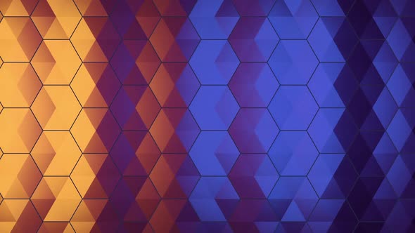 A multi-colored grid of triangles and hexagons moves in a wave.