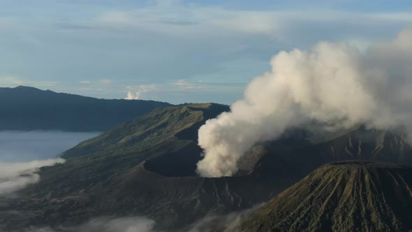 Aerial shot of Mountain Bromo active volcano crater alt