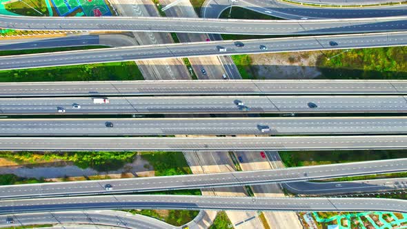 Stunning Aerial view drone shot above freeway traffic alt