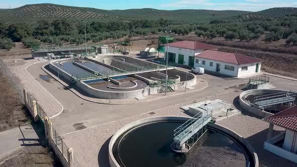 Aerial view of a sewage plant. alt