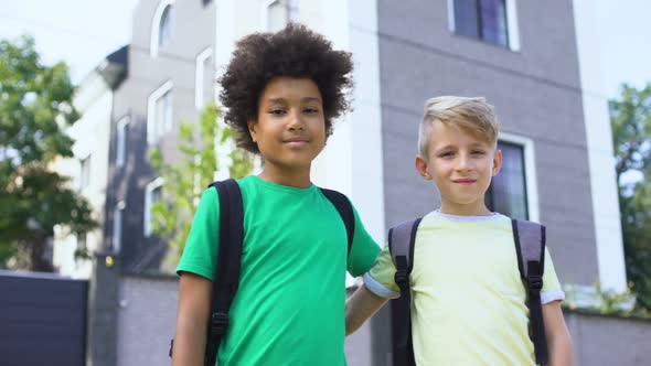 Mixed Race Boys Looking at Camera, Best Friends, Happy Childhood, Togetherness