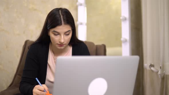 Smiling Student Girl Studying Online Internet Teacher Notes Distance Lesson