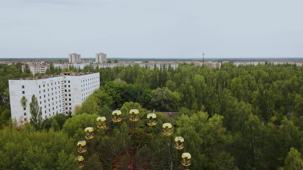 Aerial view of old abandoned Ferris wheel in the ghost town Pripyat