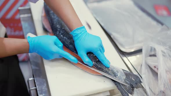 Close up to Hand of professional asian checf or fishermen preparing fresh salmon fish alt