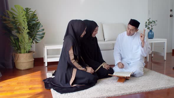 Handsome Muslim man knowledge test about Quran two young women