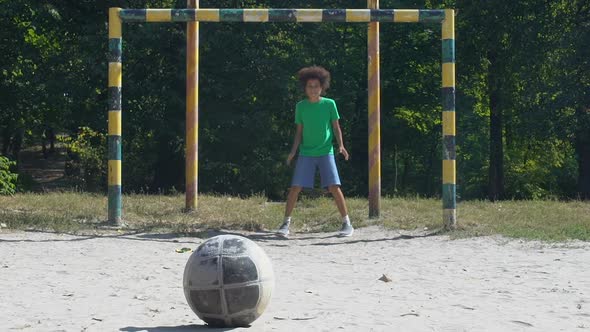 Afro-American Teen Male Missing Goal, Friends Playing Football in Yard, Hobby