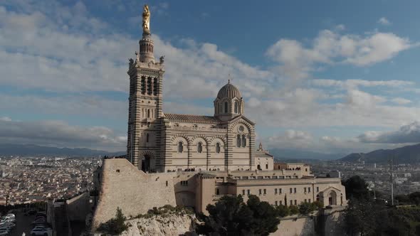 Aerial view of the basilica Notre Dame de la Garde in Marseille. France 2020 alt