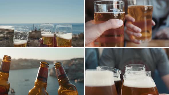 Celebration Beer Cheers Happy Concept Collage Multicam Multi Camera Close Up Hands Holding Up alt