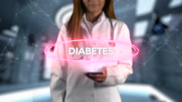 Female Doctor Hologram Word Illness Diabetes alt