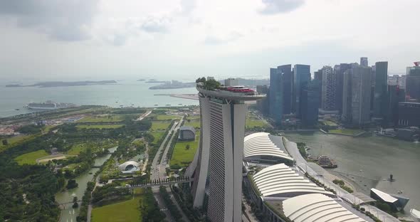 Aerial Footage of Marina Bay Sands, Drone's Flying Around the Ship at a Distance, Singapore