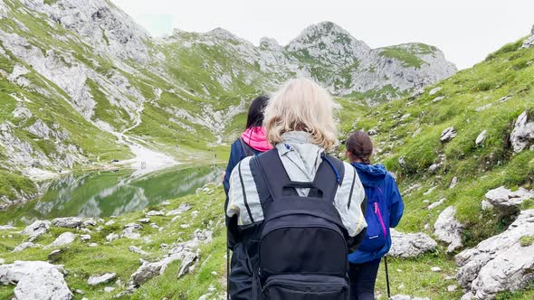 Back View of Family During a Mountain Trip Along Italian Alps Summer Season alt
