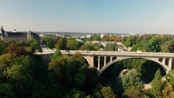 Establishing Aerial Shot of Luxembourg City with Landmark Adolphe Bridge