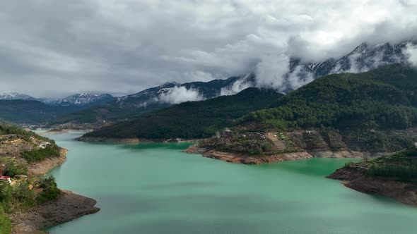 Mountain river high in the mountains Aerial View 4 K alt