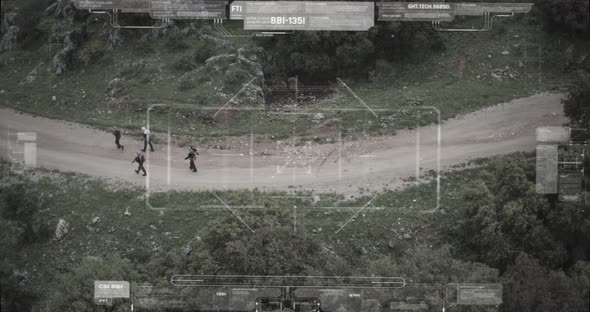 Surveillance drone camera view of terrorist squad walking with weapons alt