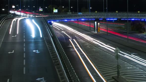 The Movement Of Cars On The Road Of A Big Night City, Time Lapse, Night