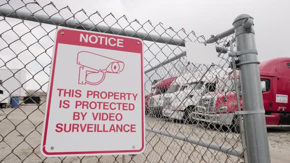 Fence with a Sign of Protection and Video Surveillance and Several Old Trucks Stand in the Parking alt