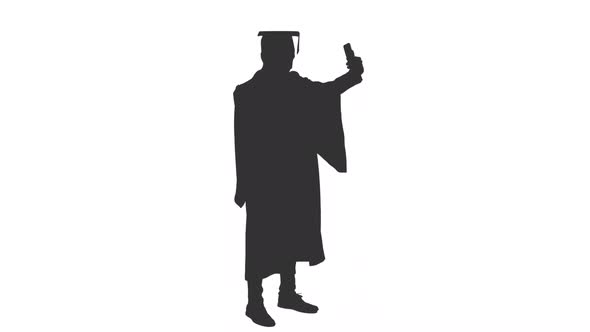 Black And White Silhouette Of Graduating Student Posing For Taking Selfie