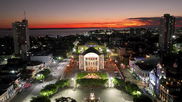 Sunset sky over Amazonas Theater at downtown Manaus Brazil. alt