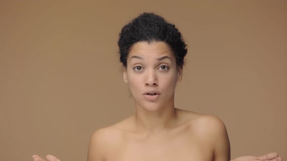 Beauty Portrait of Young African American Woman Upset Says No and Negatively Shakes Her Head alt
